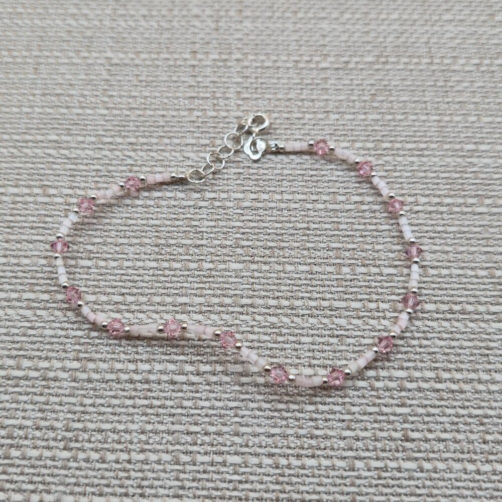 9.5 Inch Sterling Silver Pink And Clear Crystals Ankle Bracelet B766